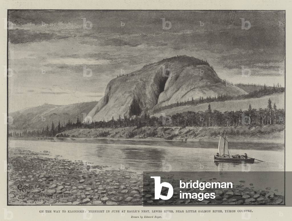 On the Way to Klondike, Midnight in June at Eagle's Nest, Lewes River, near Little Salmon River, Yukon Country (litho)
