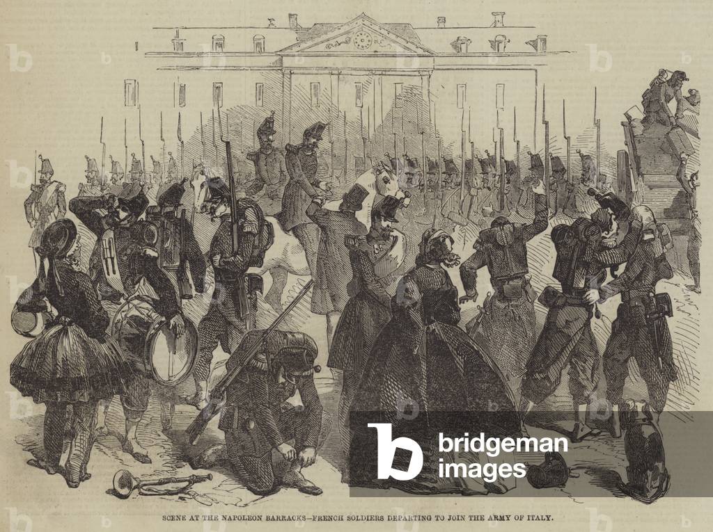 Scene at the Napoleon Barracks, French Soldiers departing to join the Army of Italy (engraving)