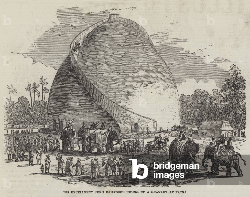 His Excellency Jung Bahadoor riding up a Granary at Patna (engraving)