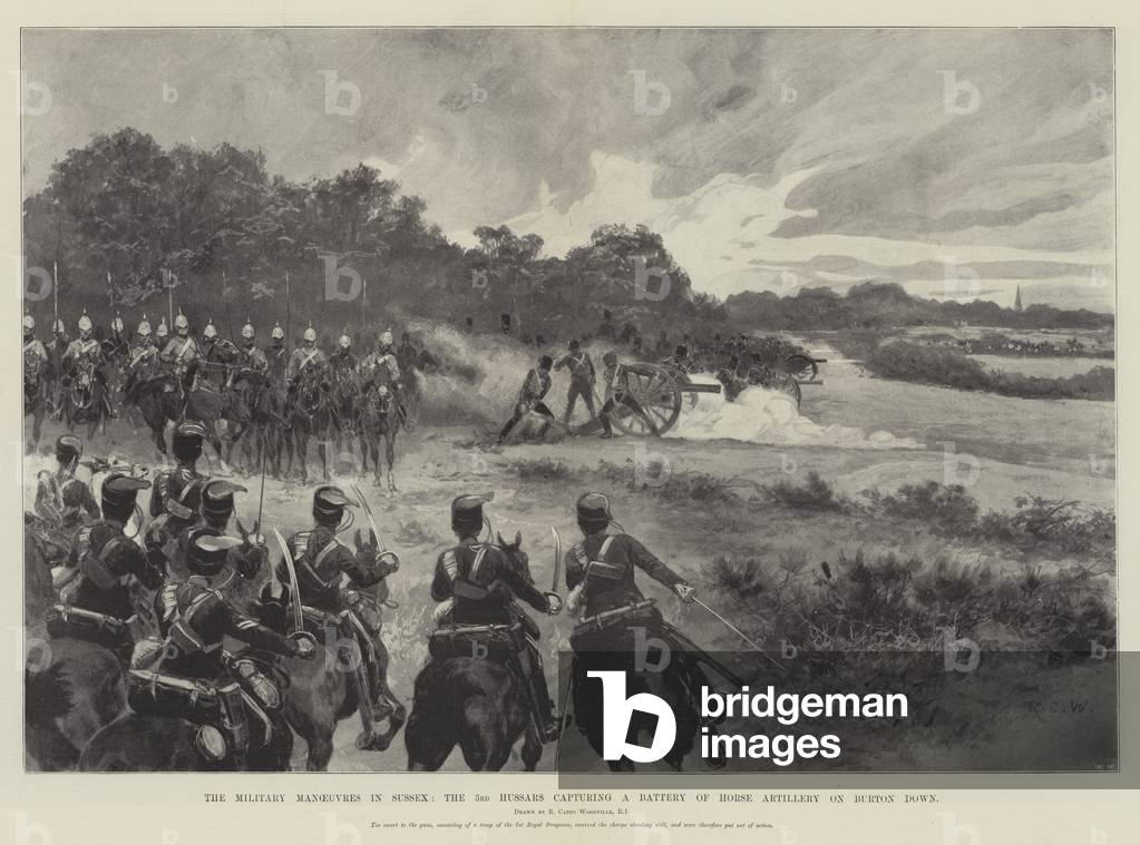 The Military Manoeuvres in Sussex, the 3rd Hussars capturing a Battery of Horse Artillery on Burton Down (litho)