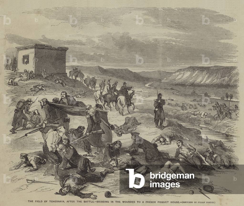 The Field of Tchernaya, after the Battle, bringing in the Wounded to a French Picquet House (engraving)