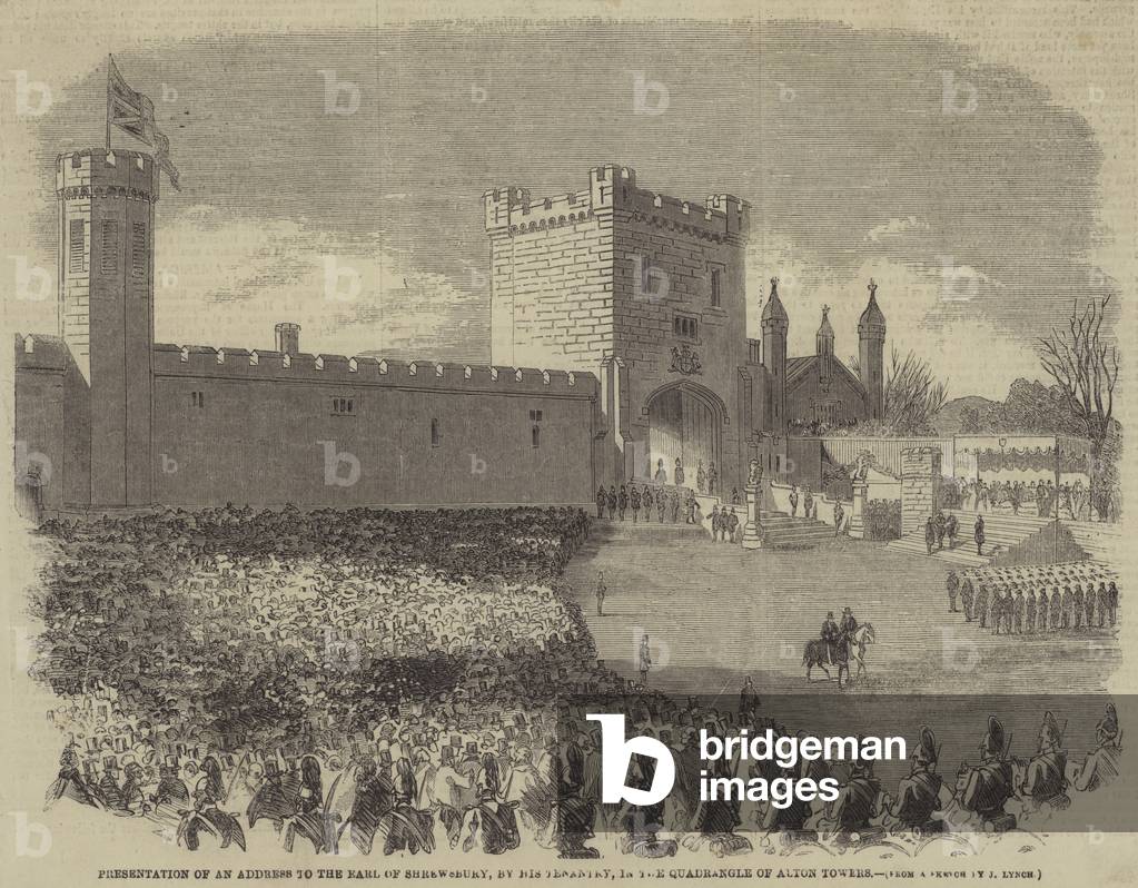 Presentation of an Address to the Earl of Shrewsbury, by his Tenantry, in the Quadrangle of Alton Towers (engraving)