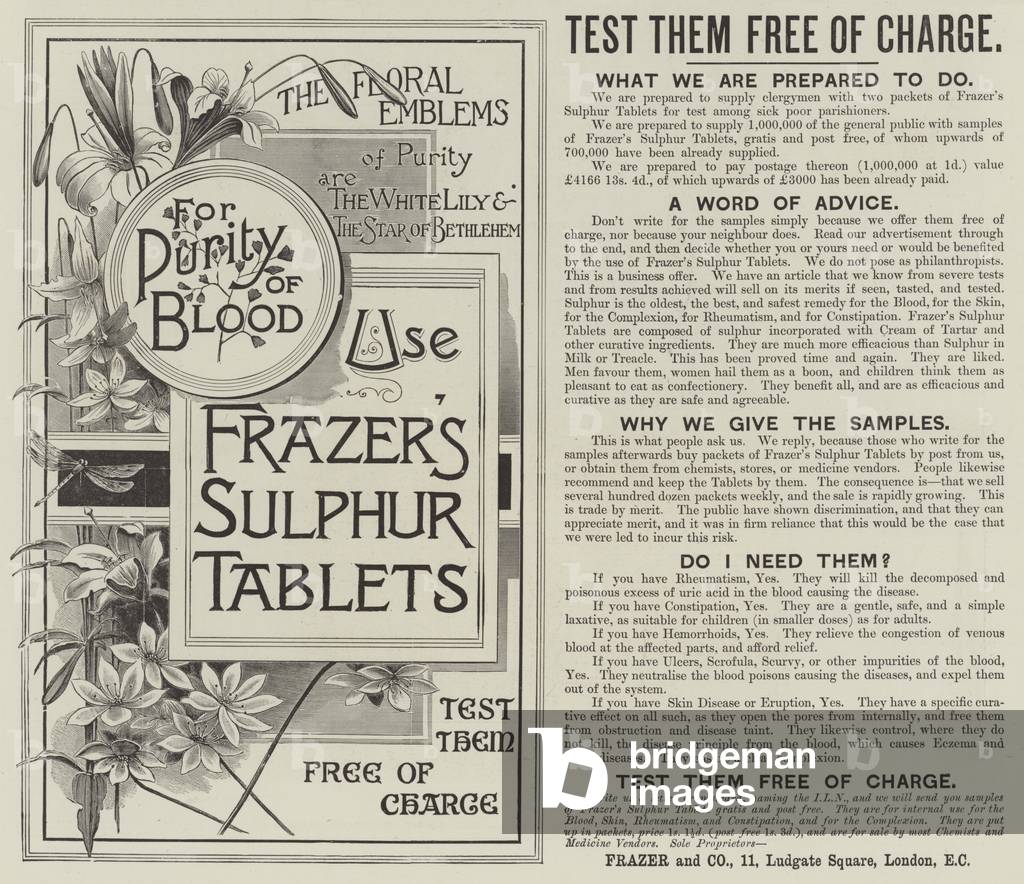 Advertisement, Frazer and Company, Frazer's Sulphur Tablets (engraving)