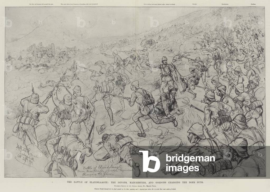 The Battle of Elandslaagte, the Devons, Manchesters, and Gordons charging the Boer Guns (litho)