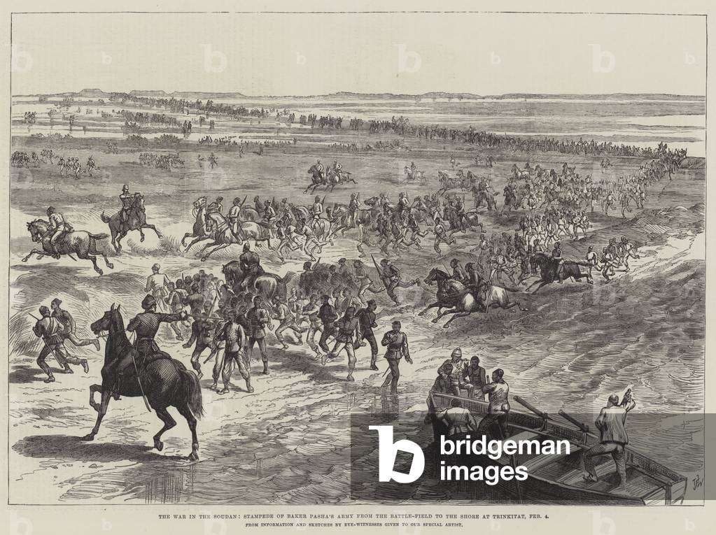 The War in the Soudan, Stampede of Baker Pasha's Army from the Battle-Field to the Shore at Trinkitat, 4 February (engraving)