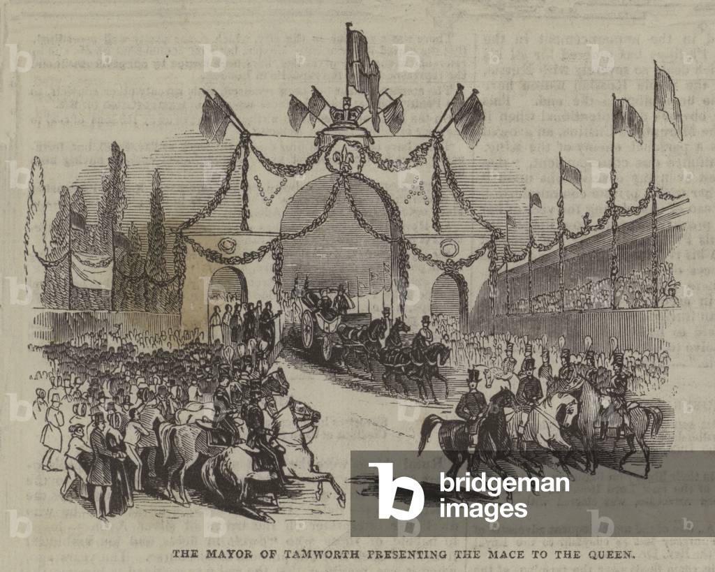 The Mayor of Tamworth presenting the Mace to the Queen (engraving)