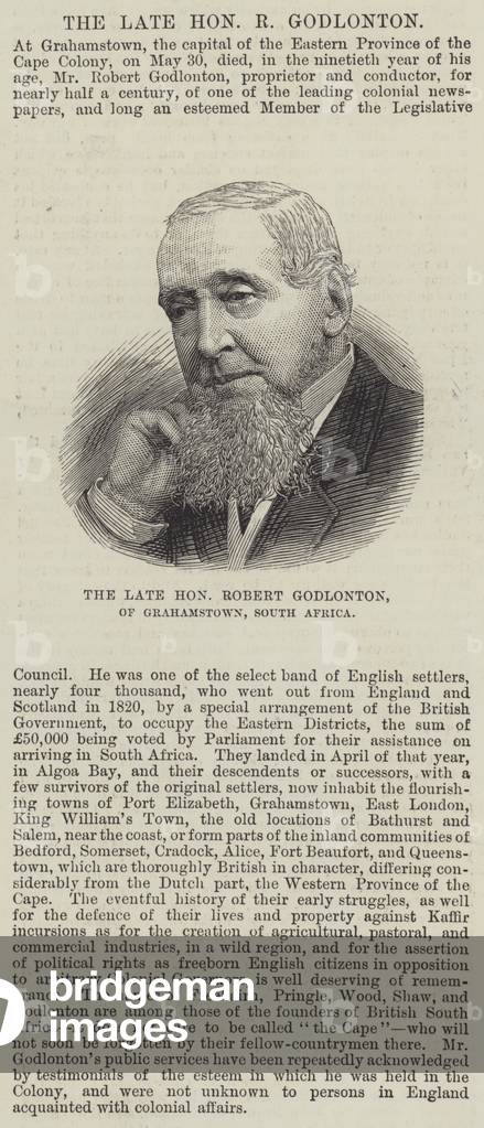 The late Honourable Robert Godlonton, of Grahamstown, South Africa (engraving)