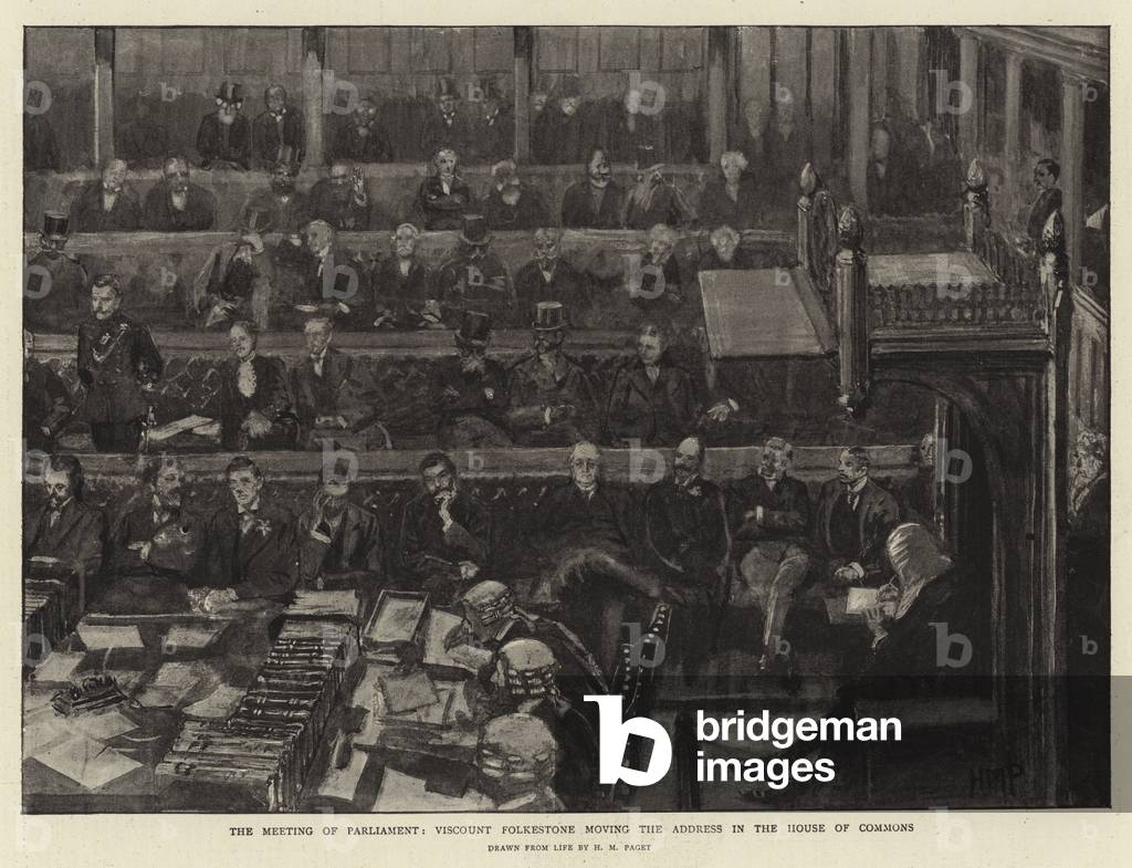 The Meeting of Parliament, Viscount Folkestone moving the Address in the House of Commons (litho)