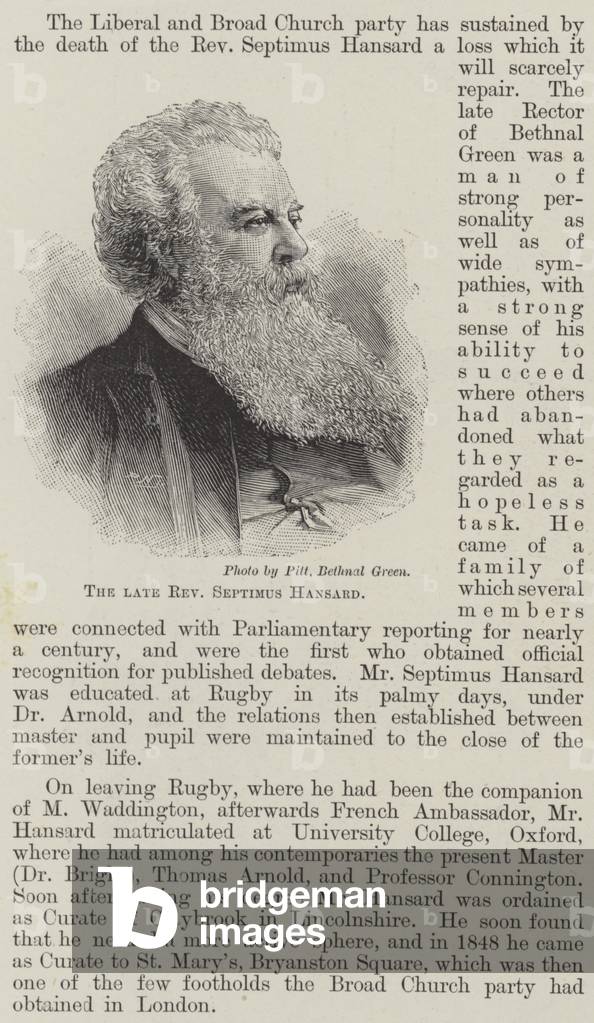 The late Reverend Septimus Hansard (engraving)