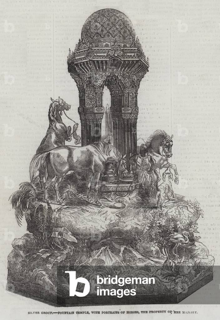 Silver Group, Fountain Temple, with Portraits of Horses, the Property of Her Majesty (engraving)