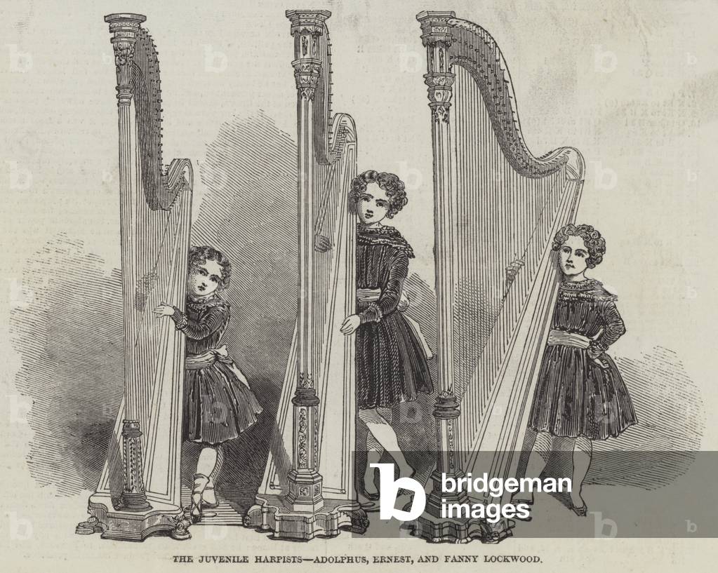 The Juvenile Harpists, Adolphus, Ernest, and Fanny Lockwood (engraving)