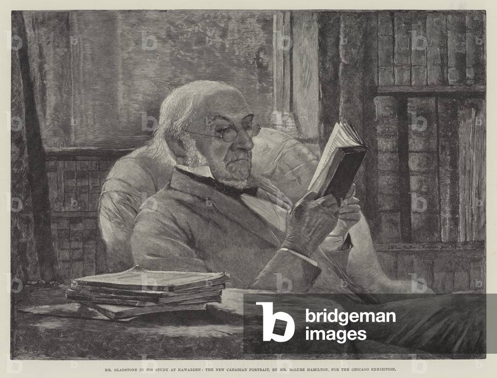 Mr Gladstone in his Study at Hawarden, the New Canadian Portrait, by Mr McLure Hamilton, for the Chicago Exhibition (engraving)