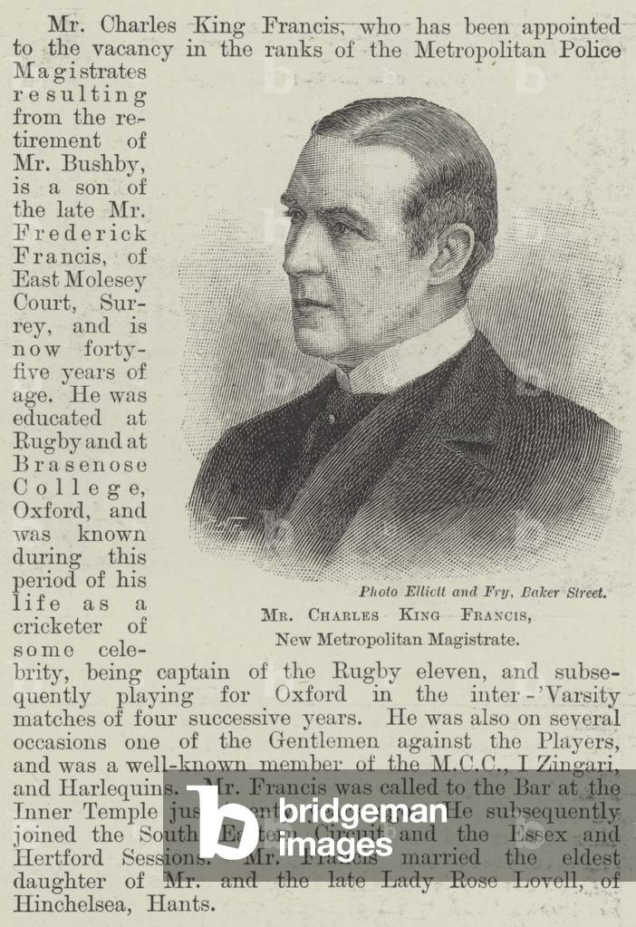 Mr Charles King Francis, New Metropolitan Magistrate (engraving)