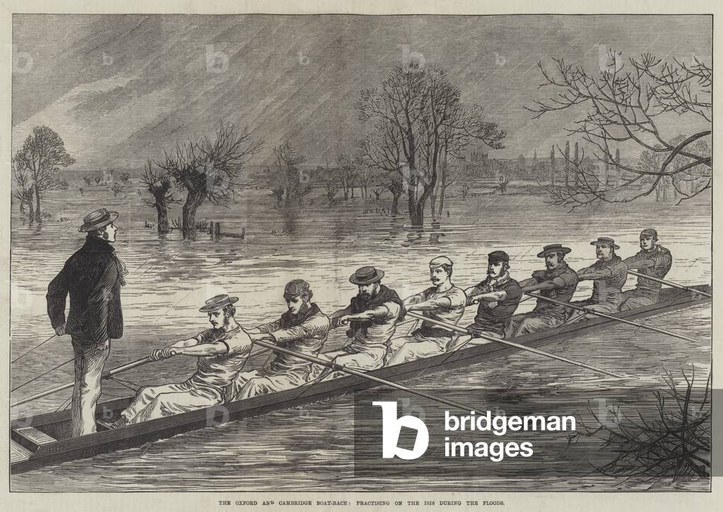The Oxford and Cambridge Boat-Race, practising on the Isis during the Floods (engraving)