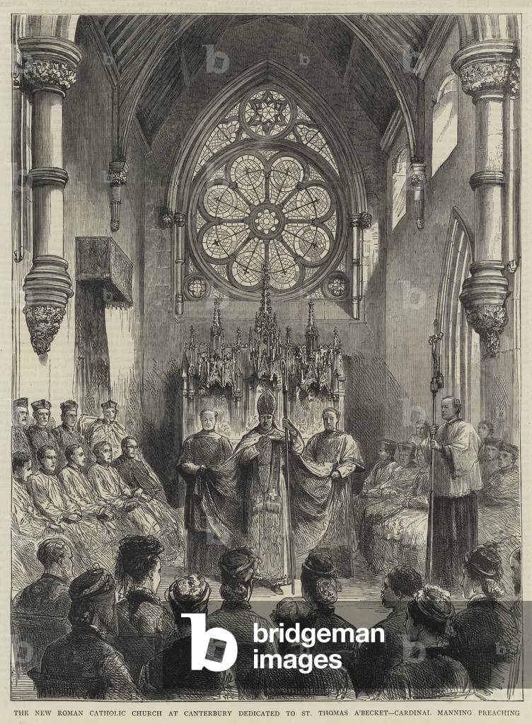 The New Roman Catholic Church at Canterbury dedicated to St Thomas a'Becket, Cardinal Manning preaching (engraving)