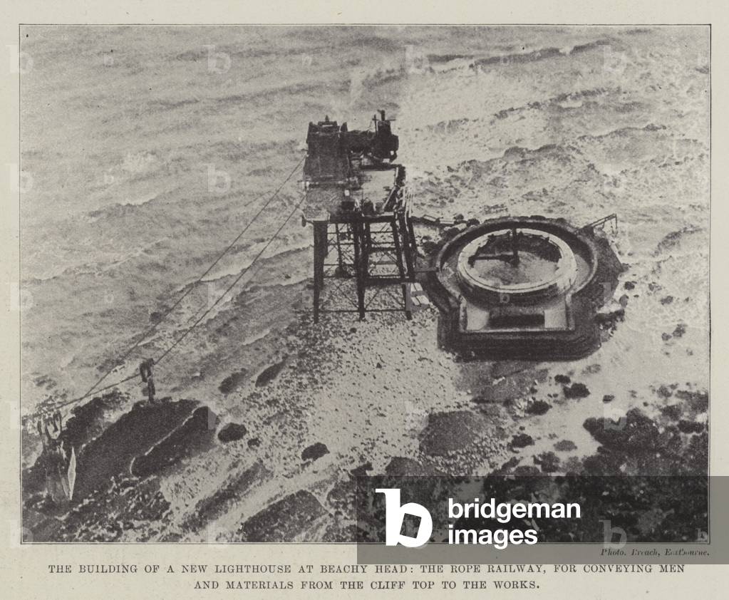 The Building of a New Lighthouse at Beachy Head, the Rope Railway, for conveying Men and Materials from the Cliff Top to the Works (b/w photo)