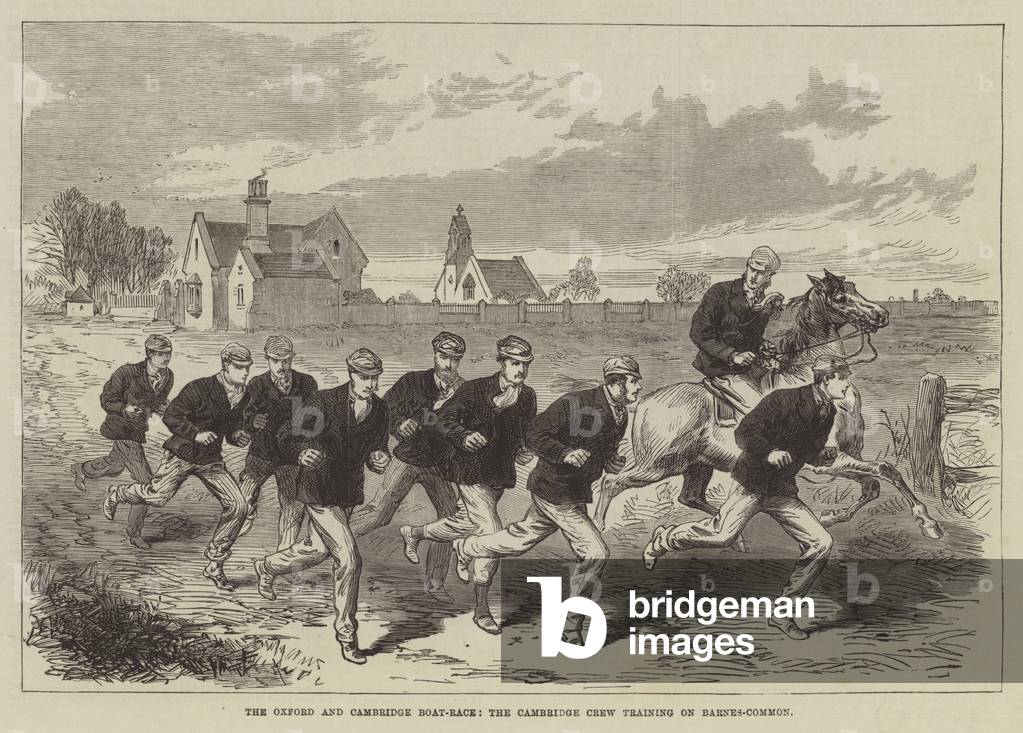 The Oxford and Cambridge Boat-Race, the Cambridge Crew Training on Barnes-Common (engraving)