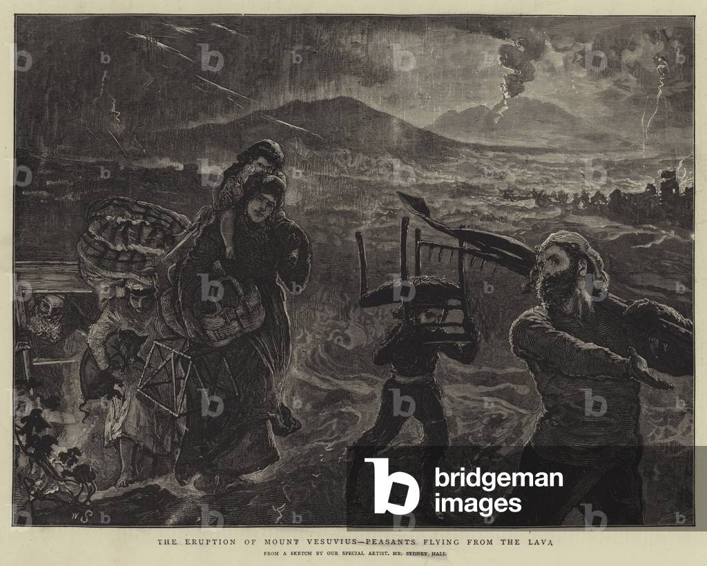 The Eruption of Mount Vesuvius, Peasants flying from the Lava (engraving)