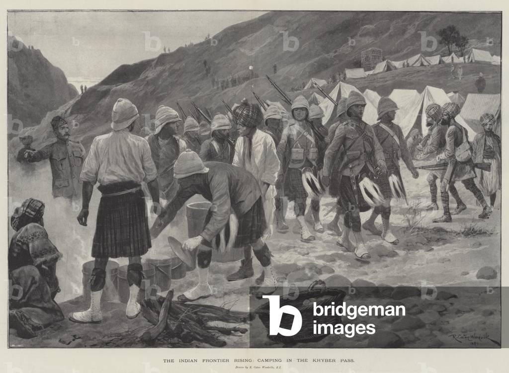 The Indian Frontier Rising, camping in the Khyber Pass (litho)