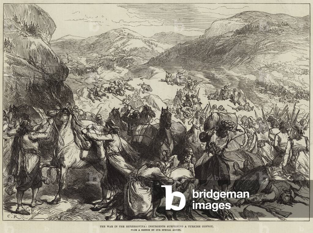 The War in the Herzegovina, Insurgents surprising a Turkish Convoy (engraving)