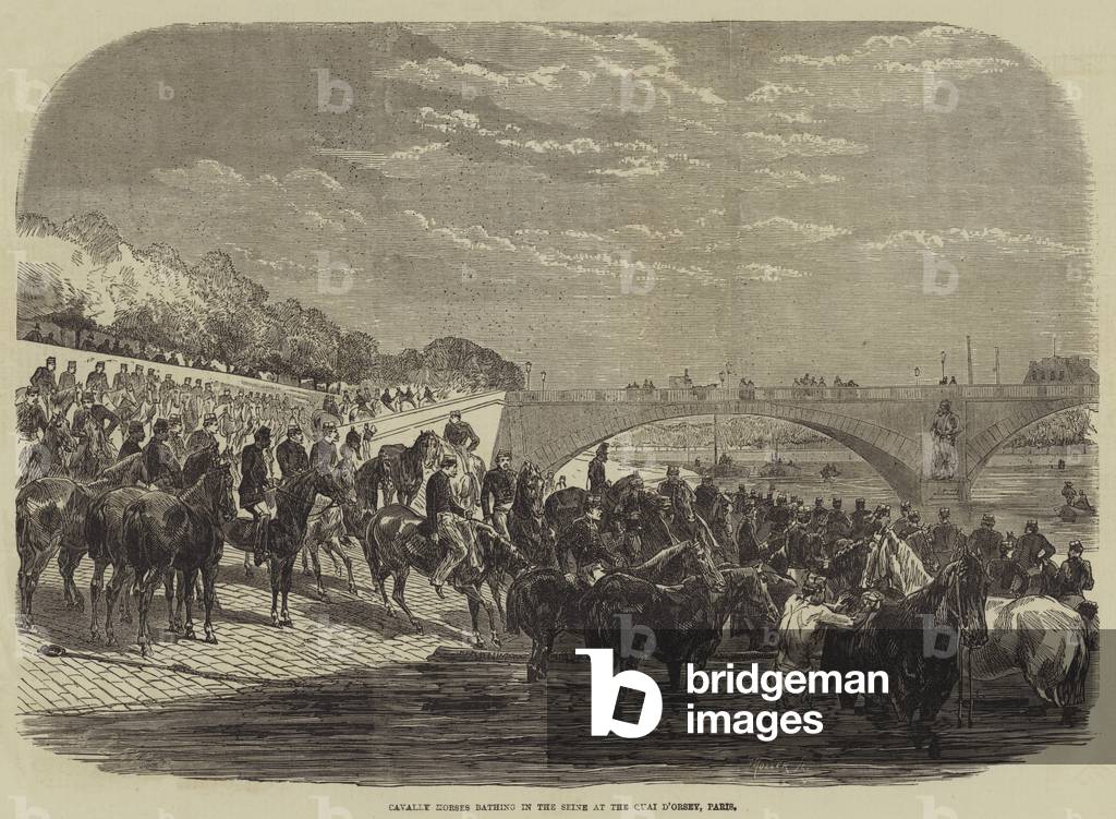 Cavalry Horses bathing in the Seine at the Quai d'Orsey, Paris (engraving)