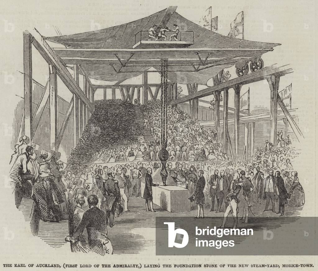 The Earl of Auckland, (First Lord of the Admiralty,) laying the Foundation Stone of the New Steam-Yard, Morice-Town (engraving)