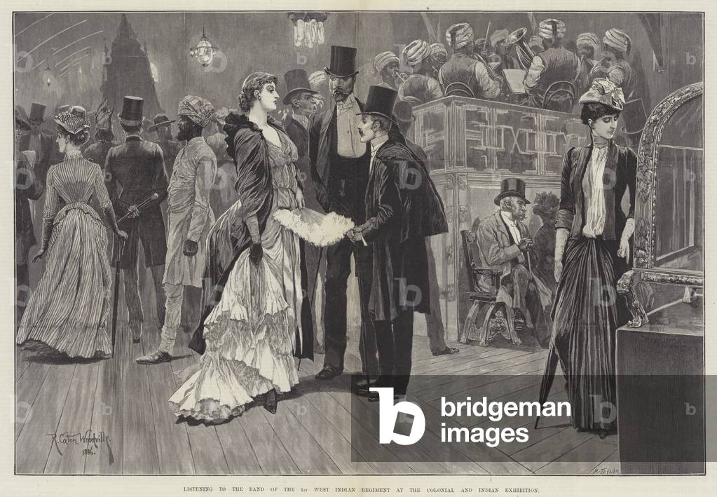 Listening to the Band of the 1st West Indian Regiment at the Colonial and Indian Exhibition (engraving)