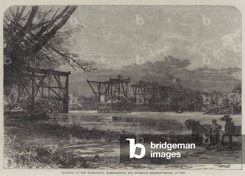 Building of the Kensington, Hammersmith, and Richmond Railway-Bridge, at Kew (engraving)