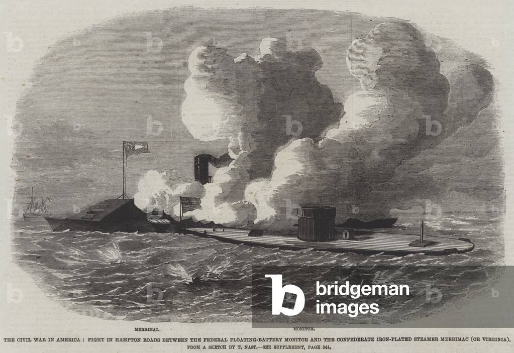The Civil War in America, Fight in Hampton Roads between the Federal Floating-Battery Monitor and the Confederate Iron-Plated Steamer Merrimac (or Virginia) (engraving)