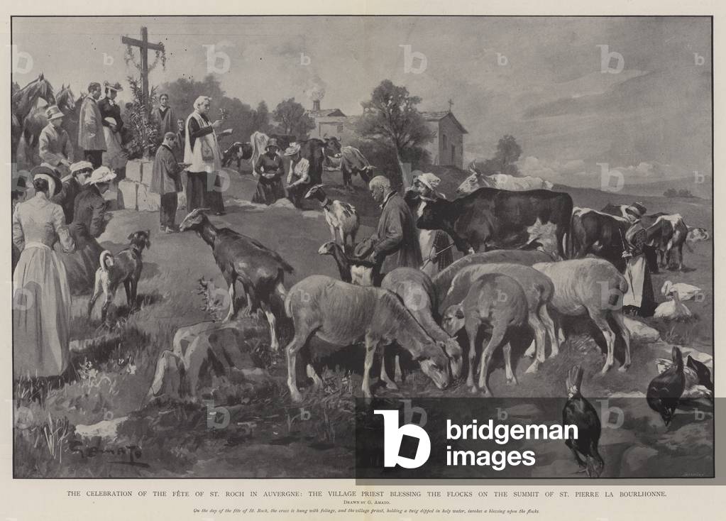 The Celebration of the Fete of St Roch in Auvergne, the Village Priest blessing the Flocks on the Summit of St Pierre la Bourlhonne (litho)
