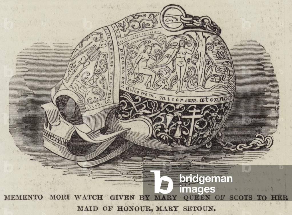Memento Mori Watch given by Mary Queen of Scots to Her Maid of Honour, Mary Setoun (engraving)