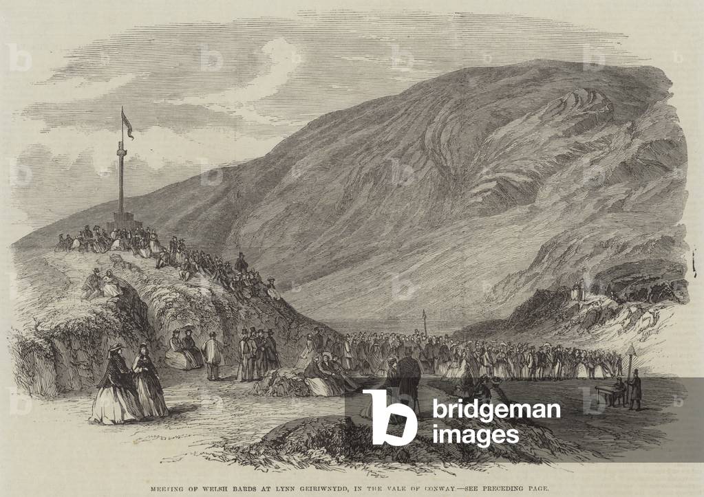 Meeting of Welsh Bards at Lynn Geiriwnydd, in the Vale of Conway (engraving)