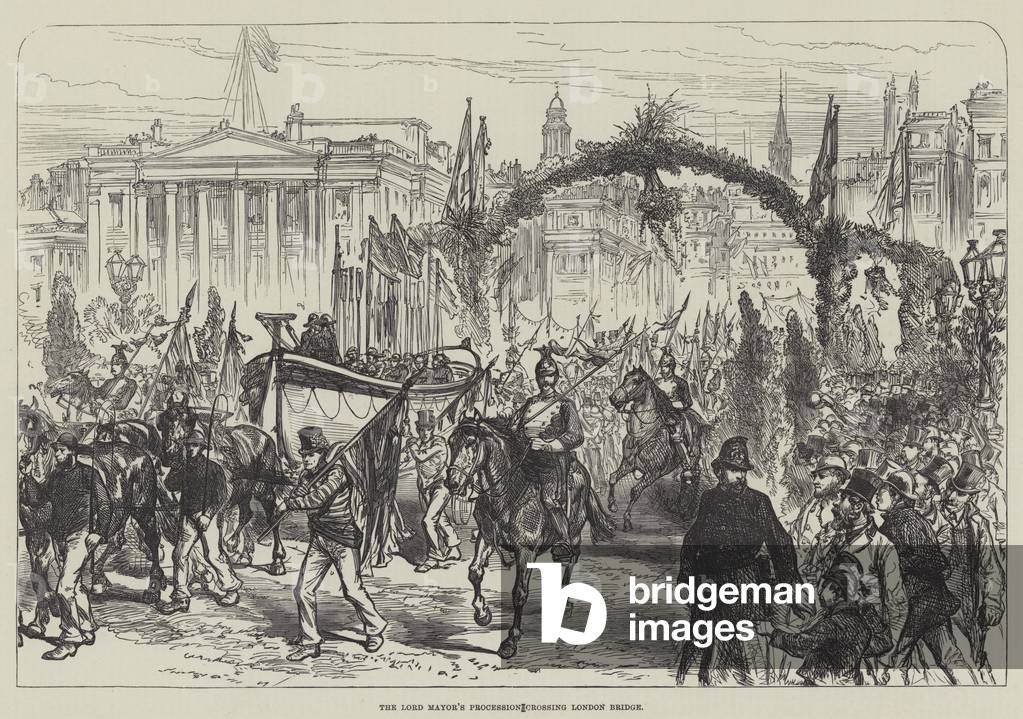 The Lord Mayor's Procession crossing London Bridge (engraving)