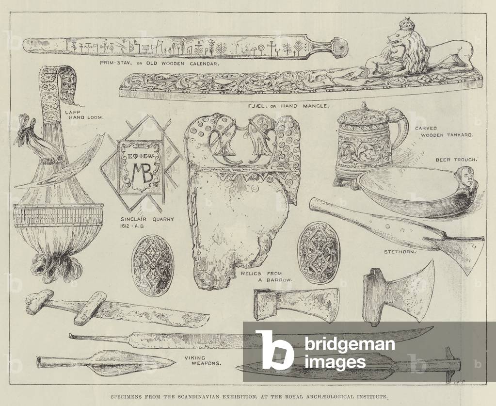 Specimens from the Scandinavian Exhibition, at the Royal Archaeological Institute (engraving)