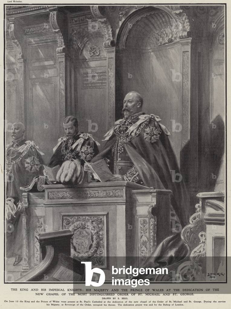 The King and his imperial knights: His Majesty and the Prince of Wales at the dedication of the new chapel of the Most Distinguished Order of St Michael and St George in St Paul's Cathedral (litho)