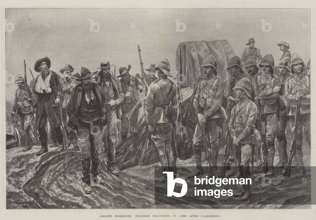Cronje's Surrender, Burghers delivering up Arms after Paardeberg (litho)
