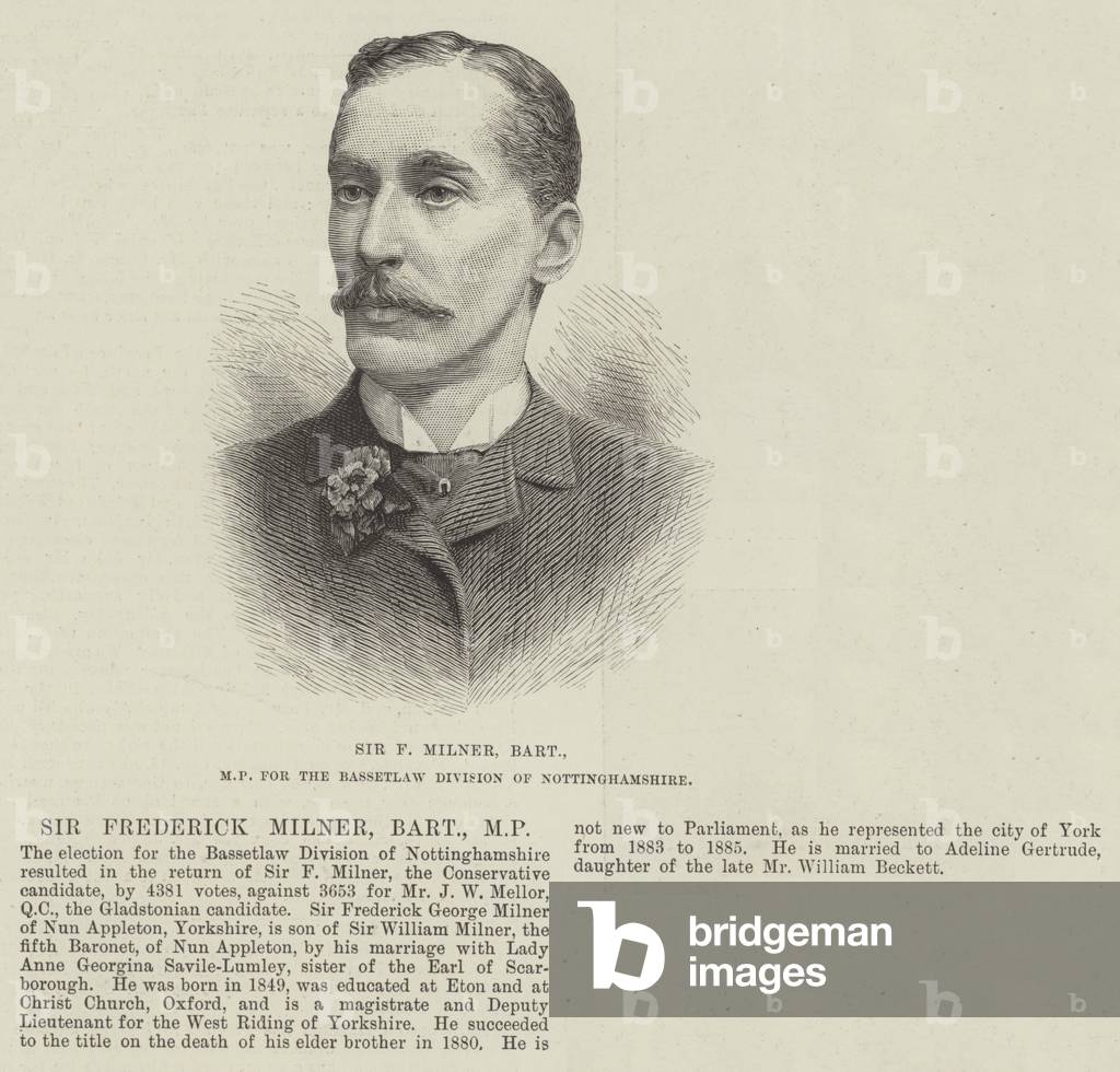 Sir F Milner, Baronet, MP for the Bassetlaw Division of Nottinghamshire (engraving)