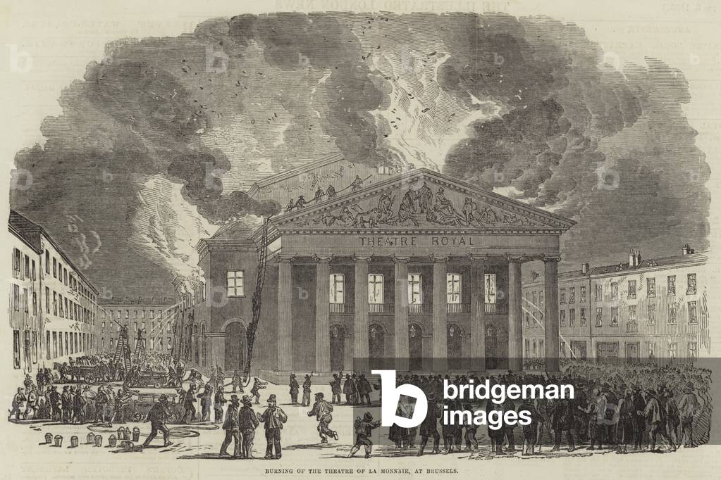Burning of the Theatre of La Monnaie, at Brussels (engraving)
