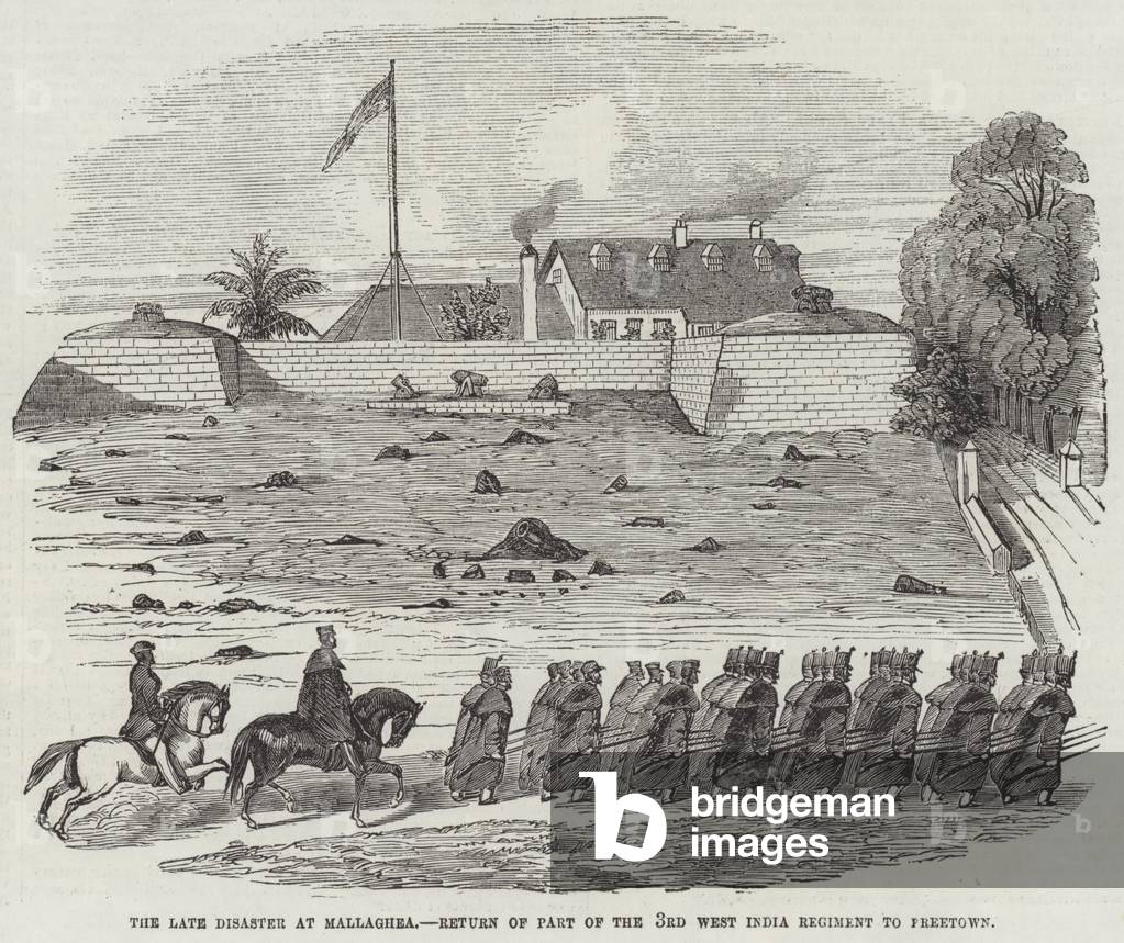 The late Disaster at Mallaghea, Return of Part of the 3rd West India Regiment to Freetown (engraving)