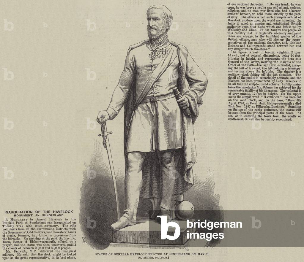 Statue of General Havelock erected at Sunderland on 21 May, W Behnes, Sculptor (engraving)