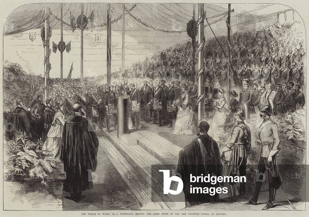 The Prince of Wales, as a Freemason, setting the Chief Stone of the New Grammar School at Reading (engraving)