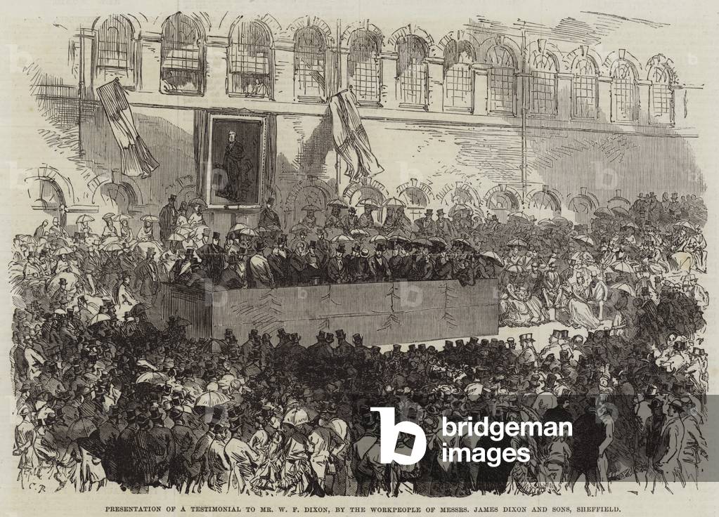 Presentation of a Testimonial to Mr W F Dixon, by the Workpeople of Messers James Dixon and Sons, Sheffield (engraving)