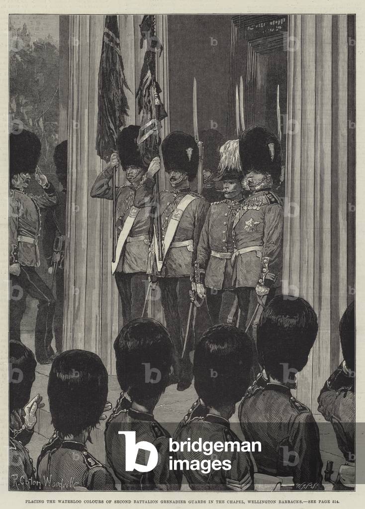 Placing the Waterloo Colours of Second Battalion Grenadier Guards in the Chapel, Wellington Barracks (engraving)