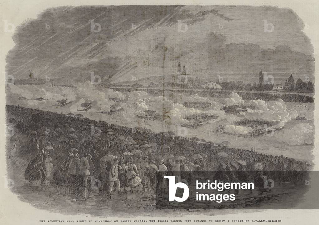 The Volunteer Sham Fight at Wimbledon on Easter Monday, the Troops formed into Squares to resist a Charge of Cavalry (engraving)