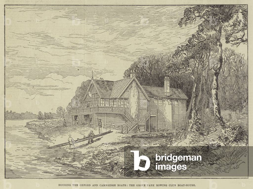 Housing the Oxford and Cambridge Boats, the Grove Park Rowing Club Boat-House (engraving)