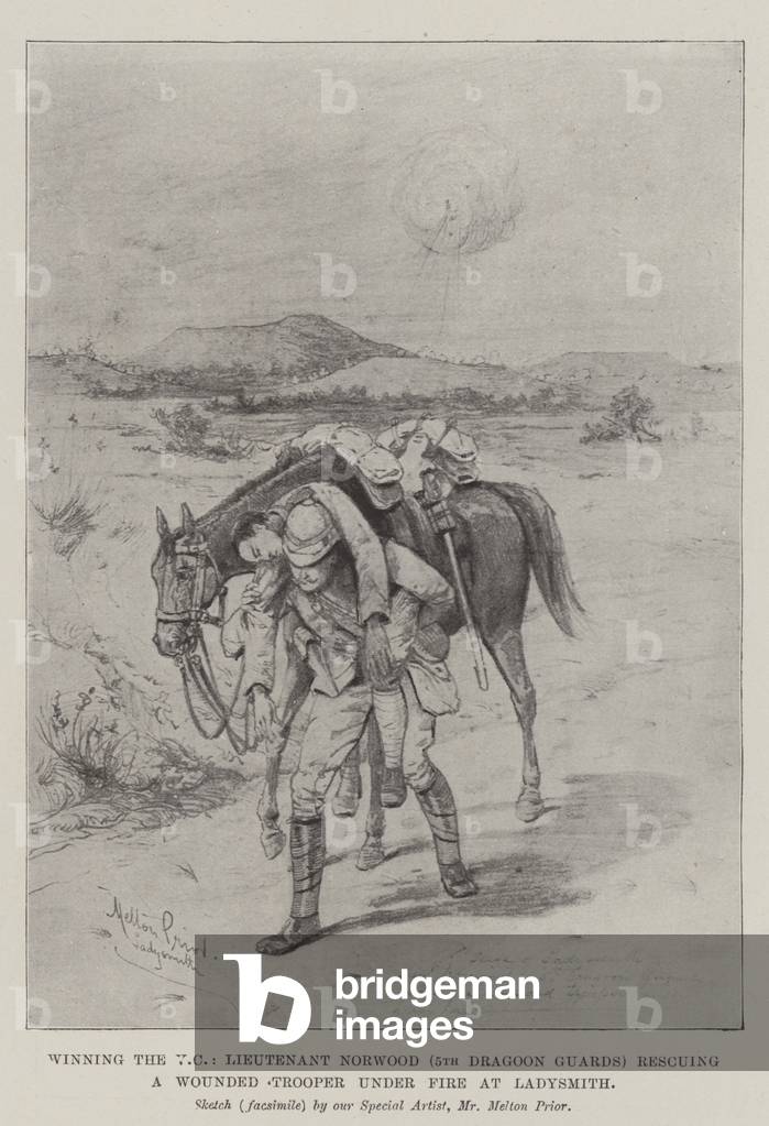 Winning the VC, Lieutenant Norwood (5th Dragoon Guards) rescuing a Wounded Trooper under Fire at Ladysmith (litho)