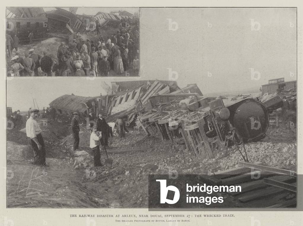 The Railway Disaster at Arleux, near Douai, 27 September, the Wrecked Train (b/w photo)