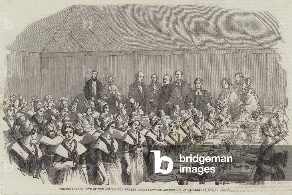 The Centenary Fete of the Asylum for Female Orphans, the Archbishop of Canterbury saying Grace (engraving)