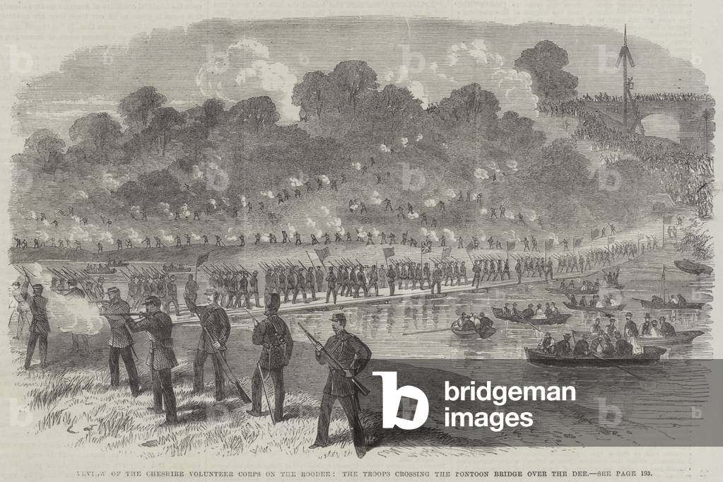 Review of the Cheshire Volunteer Corps on the Roodee, the Troops crossing the Pontoon Bridge over the Dee (engraving)