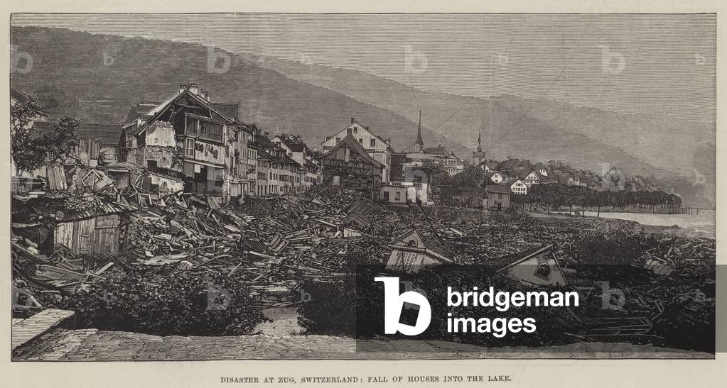 Disaster at Zug, Switzerland, Fall of Houses into the Lake (engraving)